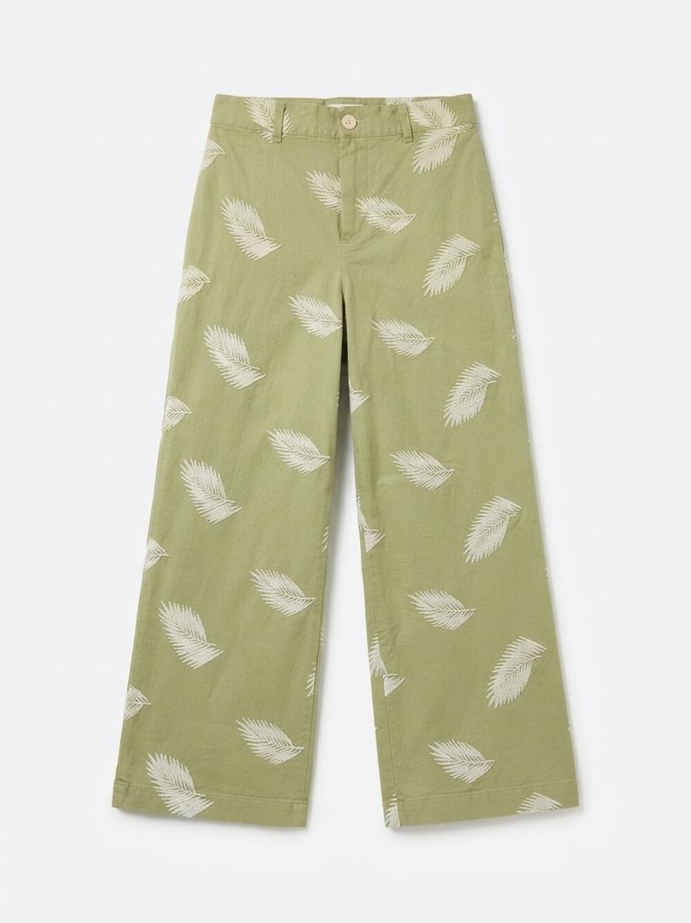 Zara Girls Pants Size 11-12 152 Green White Feather Embroidered Wide Leg Crop